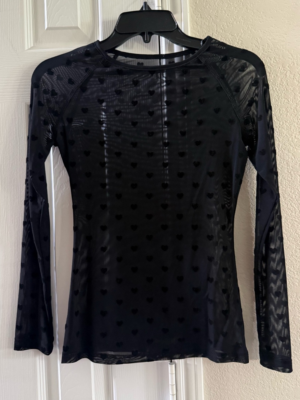 Black Sheer Heart-Print Long Sleeve Top